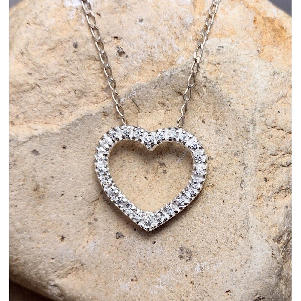 Vintage Sterling Silver CZ Heart Pendant Necklace